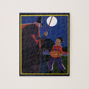 Vintage-Halloween, gruselige Hexe mit Jungen Puzzle