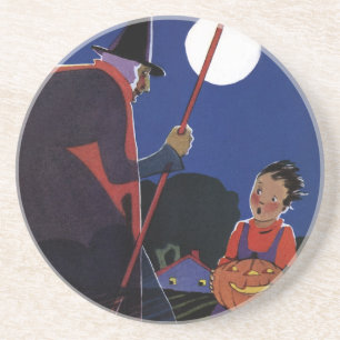 Vintage-Halloween, gruselige Hexe mit Jungen Sandstein Untersetzer