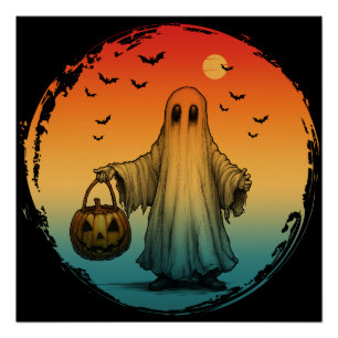 vintage Halloween gruseliger Geist Kürbis Fledermä Poster