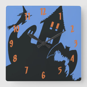 Vintage-Halloween, Gruseliges Spukhaus und Hexe Quadratische Wanduhr