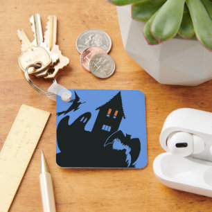 Vintage Halloween, gruseliges Spukhaus und Hexe Schlüsselanhänger