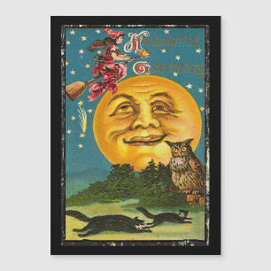 Vintage Halloween-Grüße auf Broom Magnetkarte