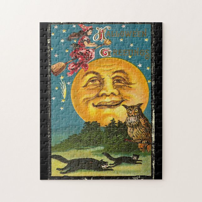 Vintage Halloween-Grüße auf Broom Puzzle (Vertikal)