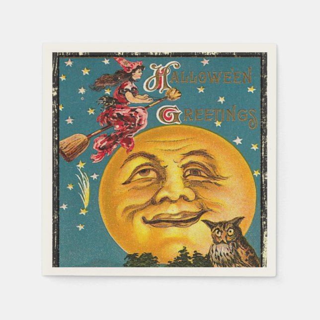 Vintage Halloween-Grüße auf Broom Serviette (Vorderseite)
