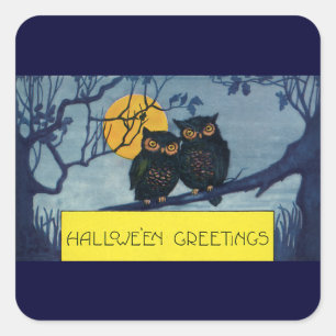 Vintage-Halloween-Grüße, Eulen im Baum mit Mond Quadratischer Aufkleber