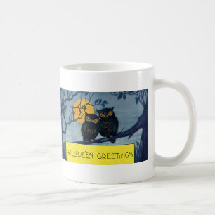Vintage Halloween-Grüße, Eulen im Baum mit Mond Tasse