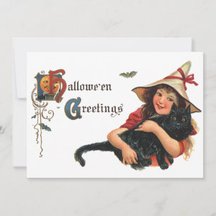 Vintage Halloween-Grüße, Kinderhexe mit Katze Einladung