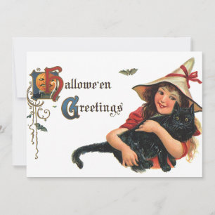 Vintage Halloween-Grüße, Kinderhexe mit Katze Einladung