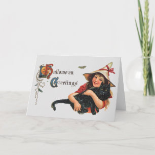 Vintage Halloween-Grüße, Kinderhexe mit Katze Karte