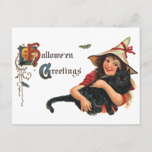 Vintage Halloween-Grüße, Kinderhexe mit Katze Postkarte