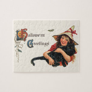Vintage Halloween-Grüße, Kinderhexe mit Katze Puzzle