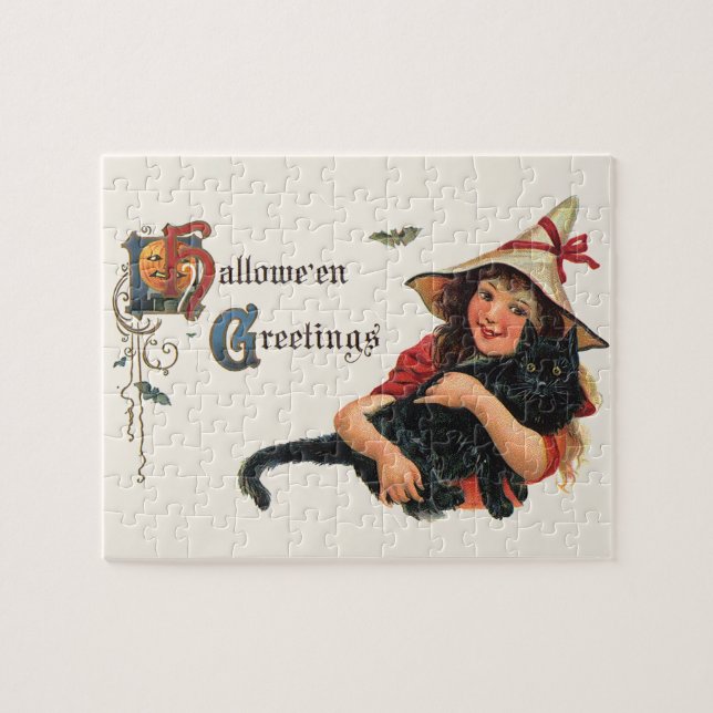 Vintage Halloween-Grüße, Kinderhexe mit Katze Puzzle (Horizontal)