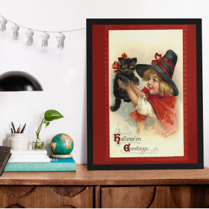 Vintage-Halloween-Grüße kleine Hexe und Katze Poster