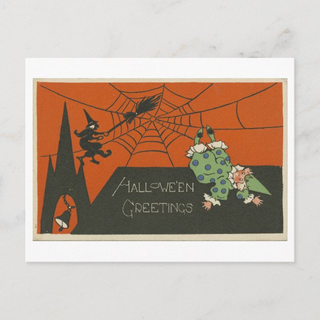 Vintage Halloween-Grüße mit Clown und Hexe Postkarte (Vorderseite)