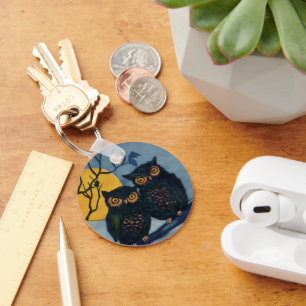 Vintage Halloween-Grüße, Owls im Baum w Moon Schlüsselanhänger