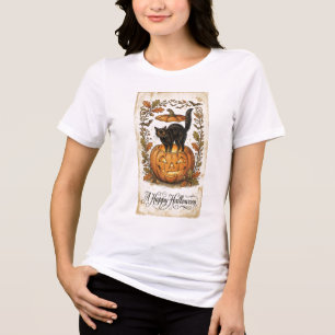 Vintage-Halloween-Grußkarte Katze Jack O Lantern Tri-Blend Shirt