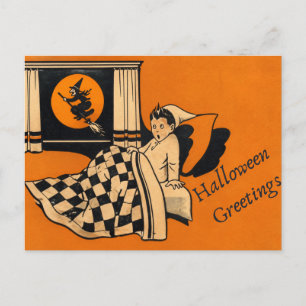 Vintage-Halloween-Grußkarte, Kind im Bett und Hexe Postkarte