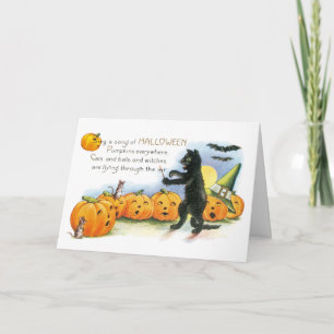 Vintage-Halloween-Grußkarte mit schwarzer Katze un Karte