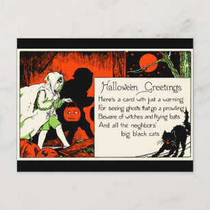 Vintage-Halloween-Grußkarte schwarze Katze Geist K Postkarte