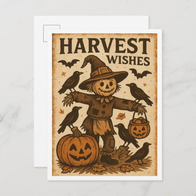 Vintage Halloween Harvest Wishes Postkarte (Vorne/Hinten)