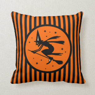 Vintage Halloween-Hexe auf Besen-Kissen Kissen
