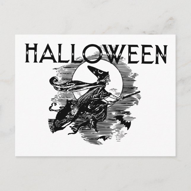 Vintage Halloween-Hexe auf Broomstick Postkarte (Vorderseite)