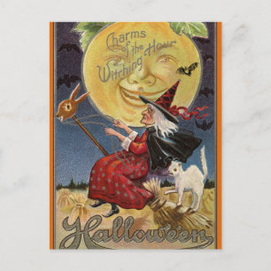 Vintage-Halloween-Hexe auf einem Besen Feiertagspostkarte