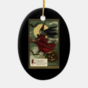 Vintage-Halloween-Hexe auf einem Besenstiel mit Ka Keramikornament