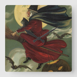 Vintage-Halloween-Hexe auf einem Besenstiel mit Ka Quadratische Wanduhr