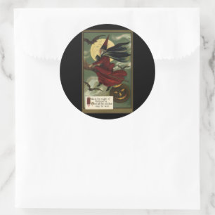 Vintage-Halloween-Hexe auf einem Besenstiel mit Ka Runder Aufkleber
