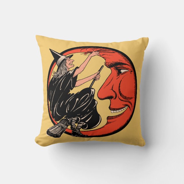 Vintage Halloween-Hexe auf ihrem Besen Kissen (Vorderseite)