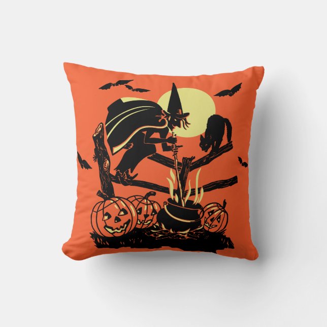 Vintage Halloween-Hexe auf Zaun Kissen (Vorderseite)