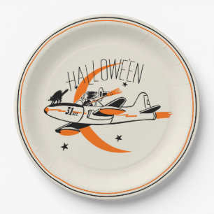 Vintage Halloween-Hexe, die ein Flugzeug fliegt Pappteller