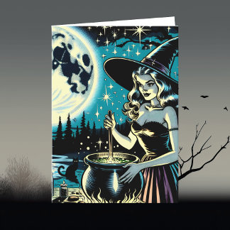 Vintage Halloween-Hexe, die einen Cauldron umwirbe Karte