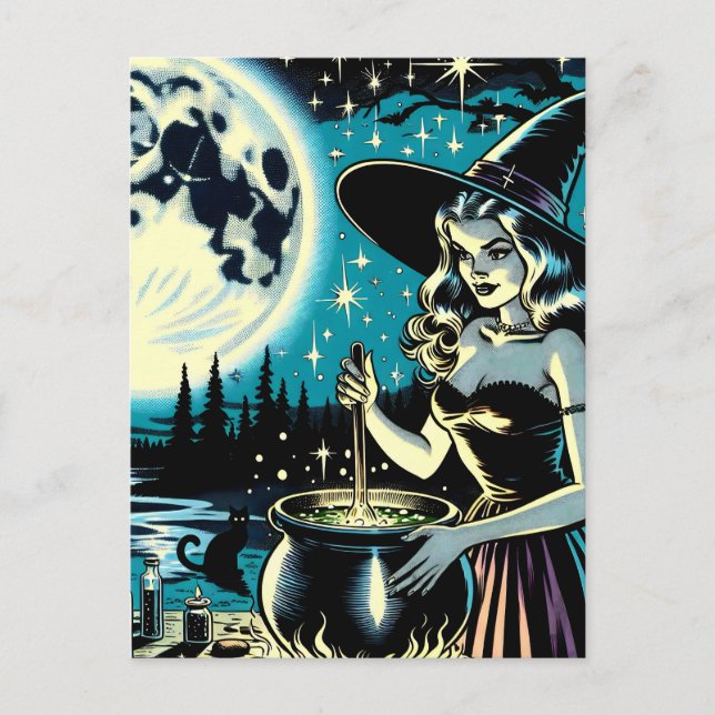 Vintage Halloween-Hexe, die einen Cauldron umwirbe Postkarte (Vorderseite)