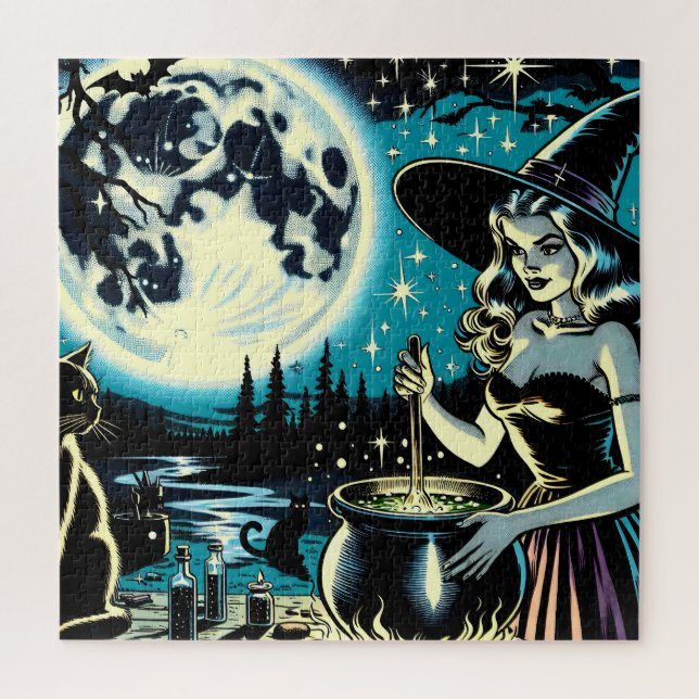 Vintage Halloween-Hexe, die einen Cauldron umwirbe Puzzle (Vertikal)
