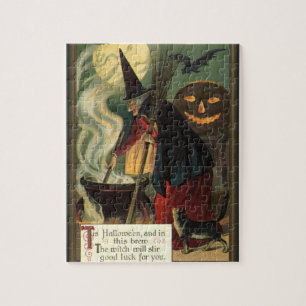 Vintage-Halloween-Hexe, die einen magischen Kessel Puzzle