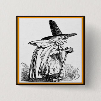 Vintage Halloween-Hexe, die mit Stock-Knopf geht Button