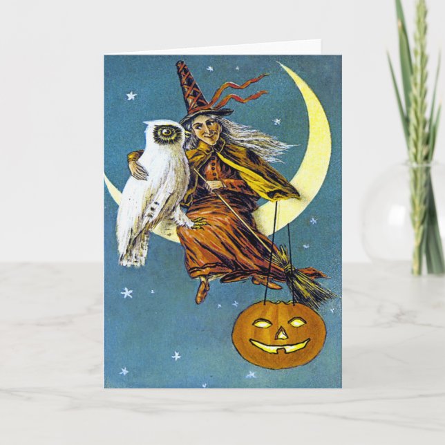Vintage Halloween-Hexe Karte (Vorderseite)