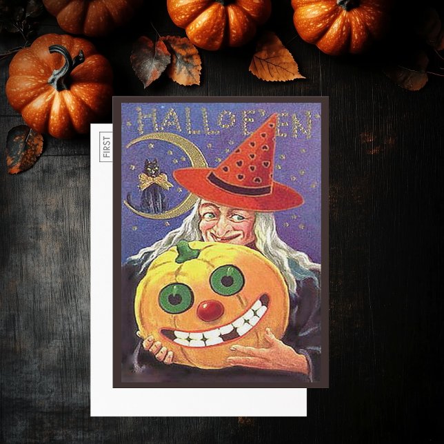 Vintage Halloween Hexe, Katze, Kürbis, LG Postkart Einladung (Vintage Halloween Witch, Cat, Pumpkin, LG Postcard)