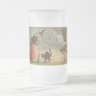 Vintage Halloween-Hexe, Katze-Tasse, Steine Mattglas Bierglas