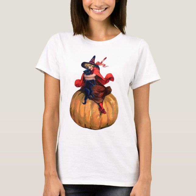 Vintage Halloween-Hexe, Katze und Kürbis T-Shirt (Vorderseite)