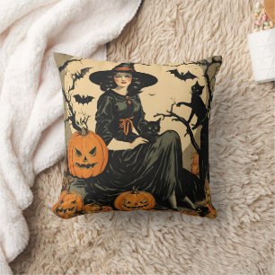 Vintage Halloween-Hexe, Kürbis, Schwarze Katze, Fl Kissen