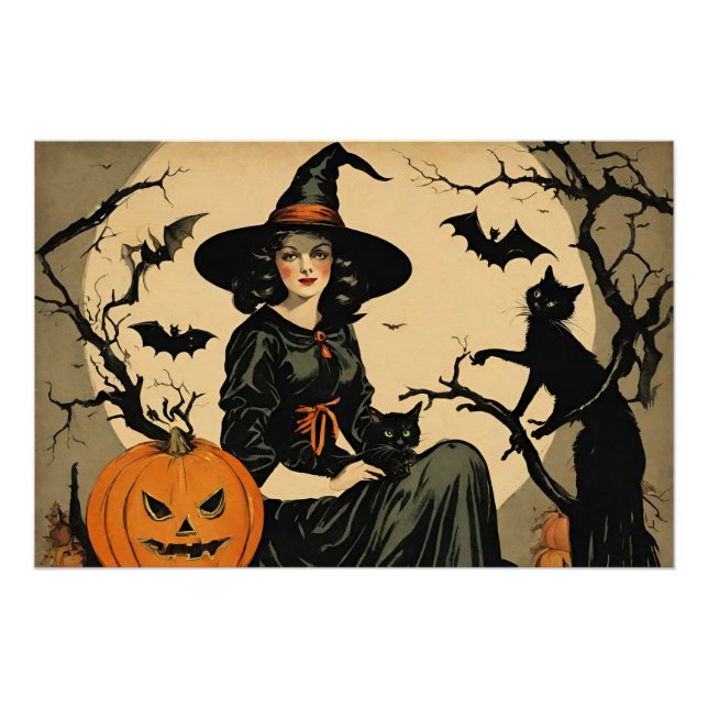 Vintage Halloween-Hexe, Kürbis, Schwarze Katze, Fl Poster (Vorderseite)