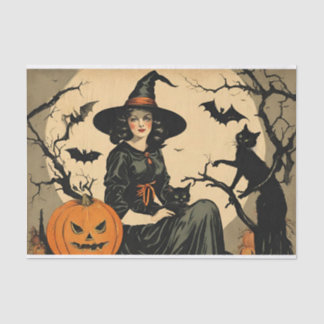 Vintage Halloween-Hexe, Kürbis, Schwarze Katze, Fl Seidenpapier