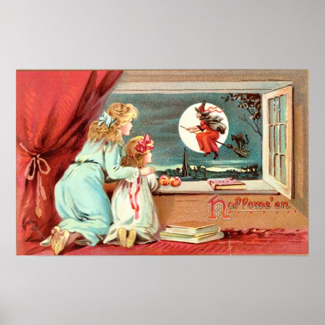 Vintage Halloween-Hexe mit Broomstick Poster (Vorne)