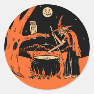 Vintage Halloween Hexe mit Cauldron Stickers