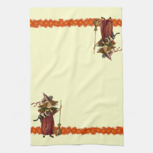 Vintage Halloween Hexe mit Katzen Handtücher