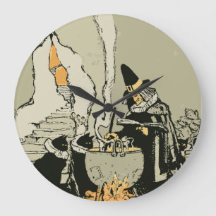 Vintage Halloween, Hexe mit Kessel und Katzen Große Wanduhr