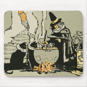 Vintage Halloween, Hexe mit Kessel und Katzen Mousepad